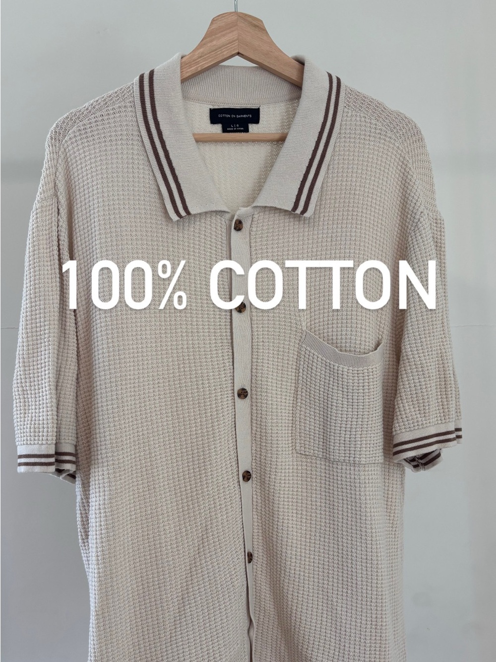 Cotton On Cream Knit Polo Cardigan with Chest Pocket, Natural Fiber, Size L